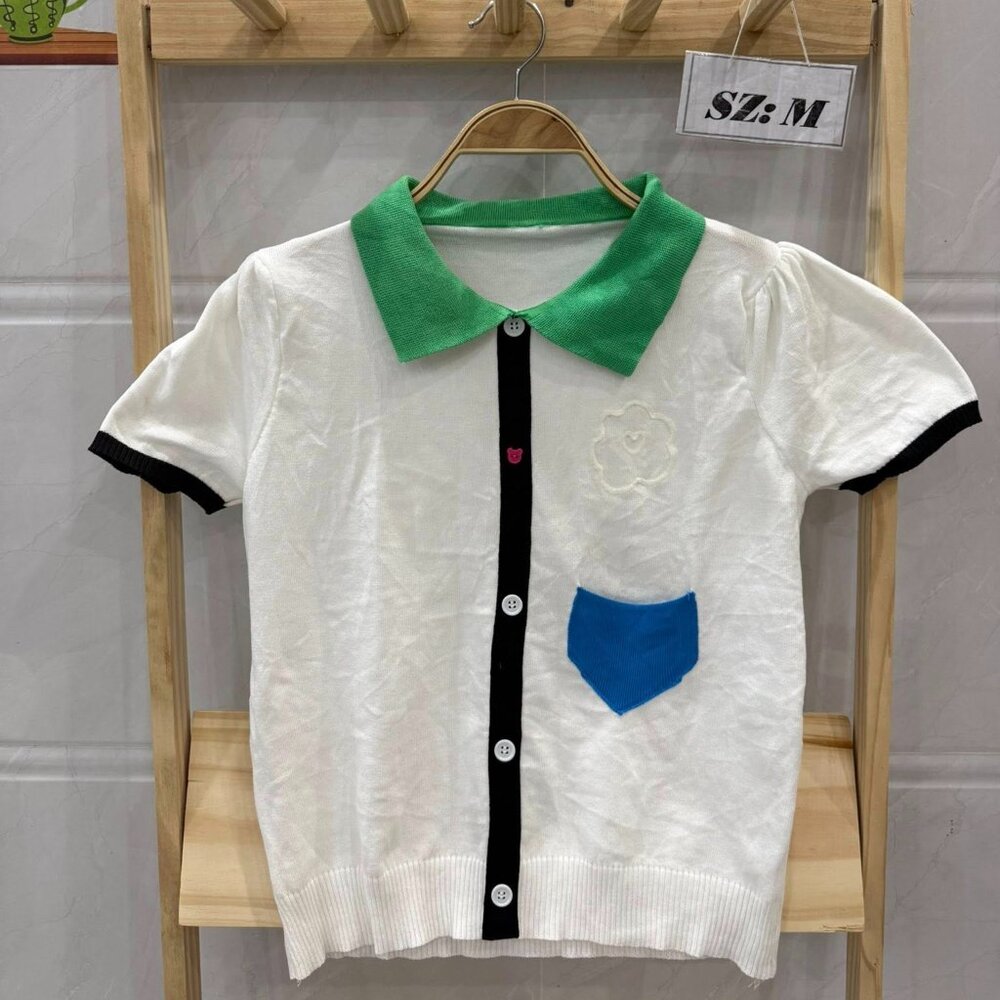White Colorblock Polo Knit Button Top Cute Preppy Tee